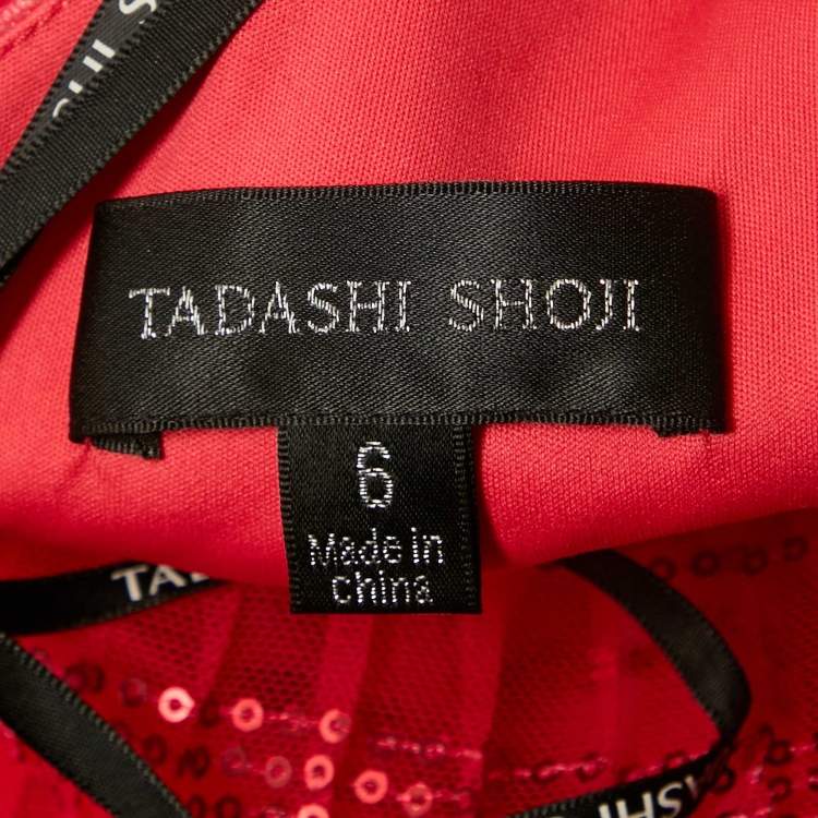 Pre Owned Tadashi Shoji Red Sequin Tulle Halter Neck Tiered Gown M