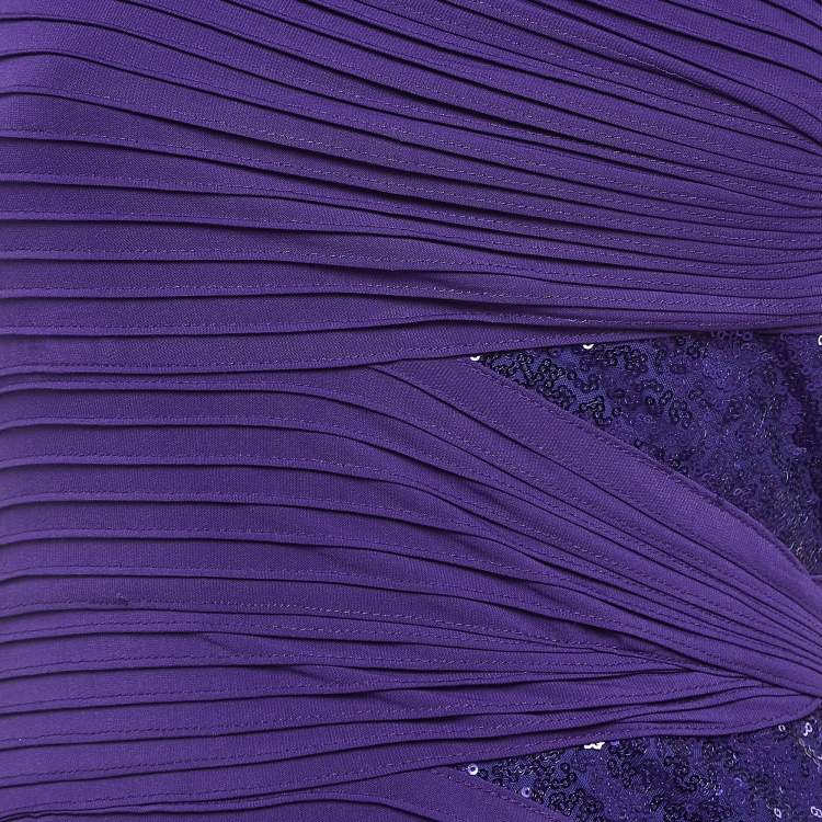 Pre Owned Tadashi Shoji Purple Pintuck Jersey Sequin Detail One Shoulder Gown XL