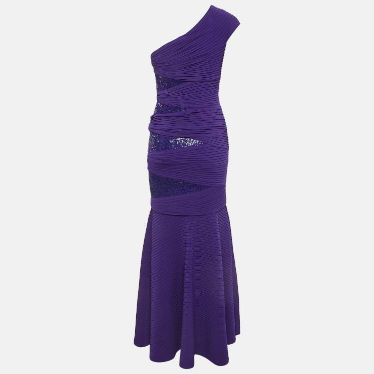 Pre Owned Tadashi Shoji Purple Pintuck Jersey Sequin Detail One Shoulder Gown XL