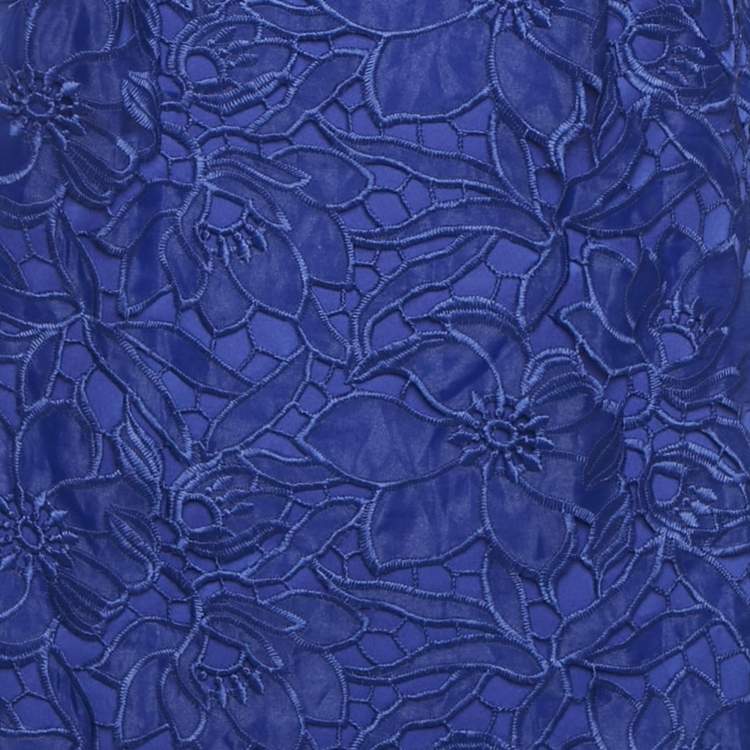 Pre Owned Tadashi Shoji Blue Floral Lace Cap Sleeve Milien Gown L