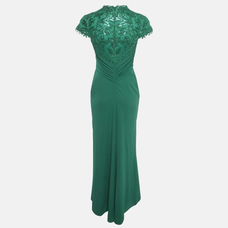 Pre Owned Tadashi Shoji Emerald Green Sequin Tulle and Jersey Gown S