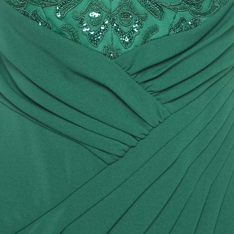 Pre Owned Tadashi Shoji Emerald Green Sequin Tulle and Jersey Gown S