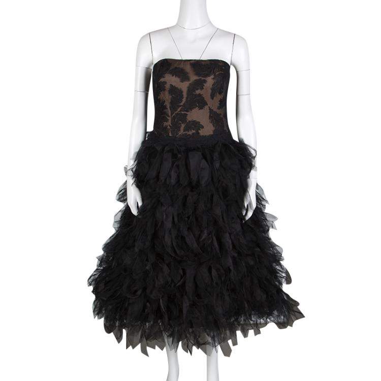 مملوكة مسبقًا Tadashi Shoji Black Tulle Embroidered Faux Feather Strapless Dress M