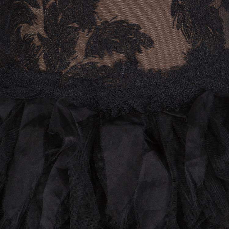 مملوكة مسبقًا Tadashi Shoji Black Tulle Embroidered Faux Feather Strapless Dress M