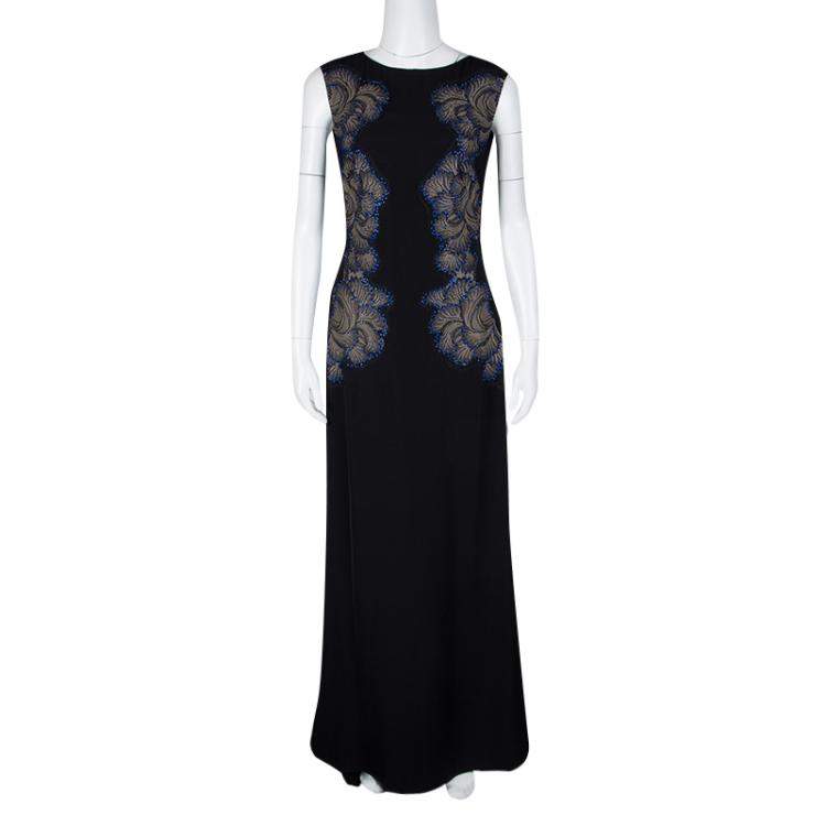 Pre Owned Tadashi Shoji Black Lace Applique Side Panel Detail Embellished Sleeveless Gown M