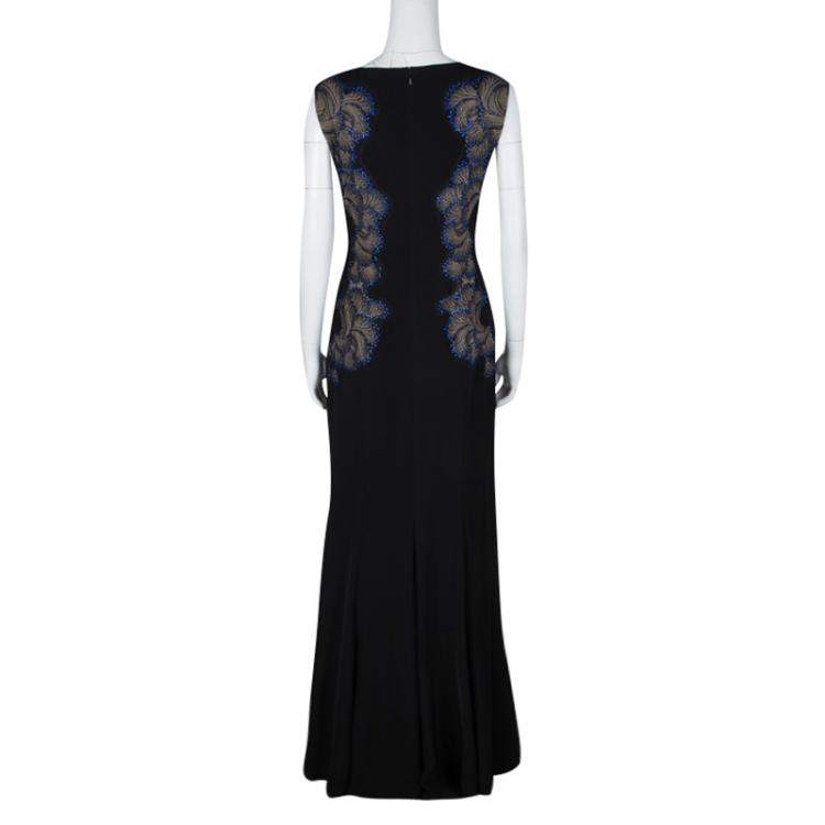 Pre Owned Tadashi Shoji Black Lace Applique Side Panel Detail Embellished Sleeveless Gown M