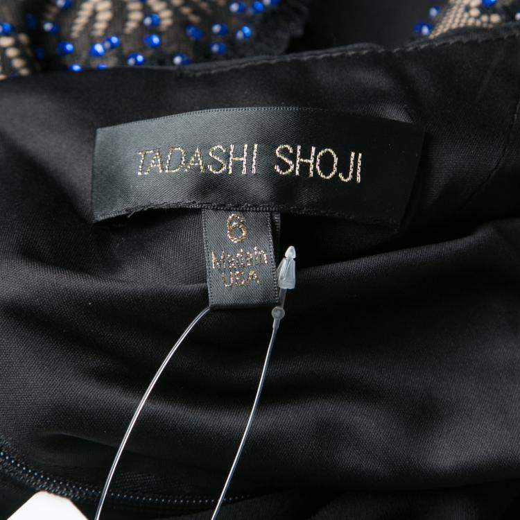 Pre Owned Tadashi Shoji Black Lace Applique Side Panel Detail Embellished Sleeveless Gown M