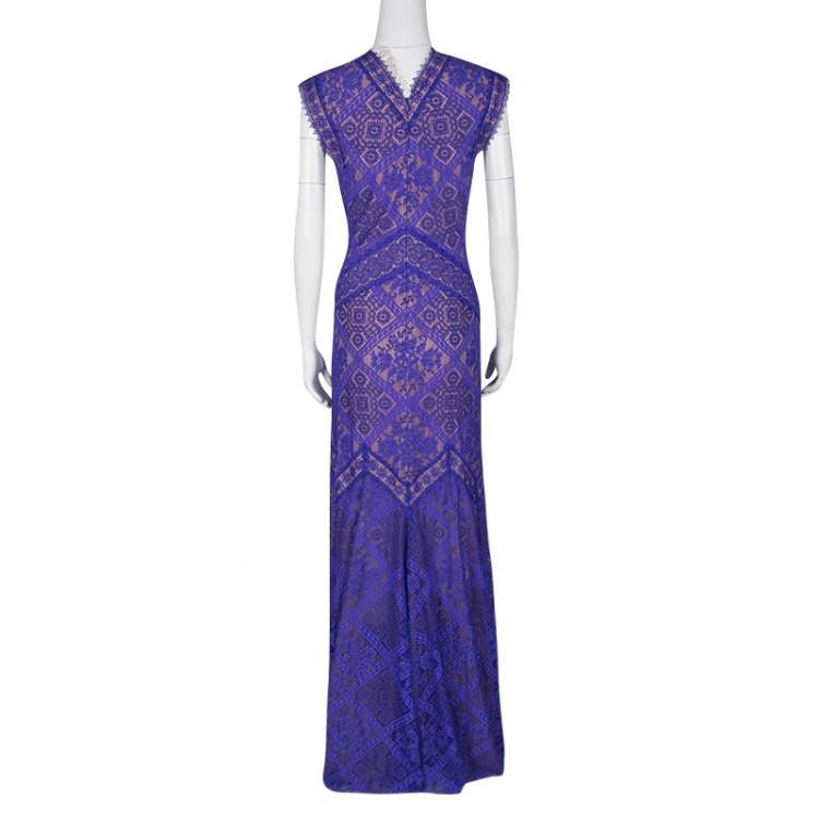 Pre Owned Tadashi Shoji Purple and Beige Floral Embroidered Lace Maxi Dress L