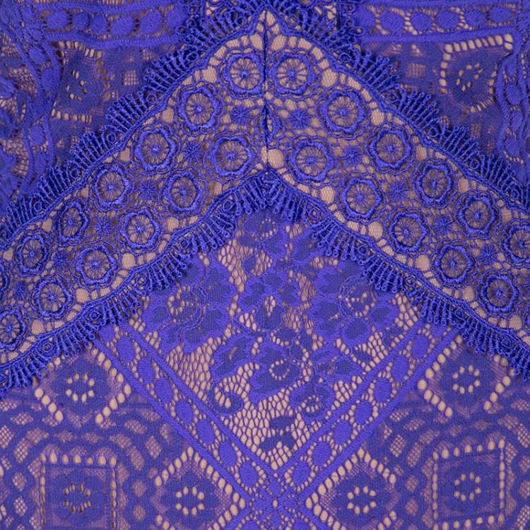 Pre Owned Tadashi Shoji Purple and Beige Floral Embroidered Lace Maxi Dress L