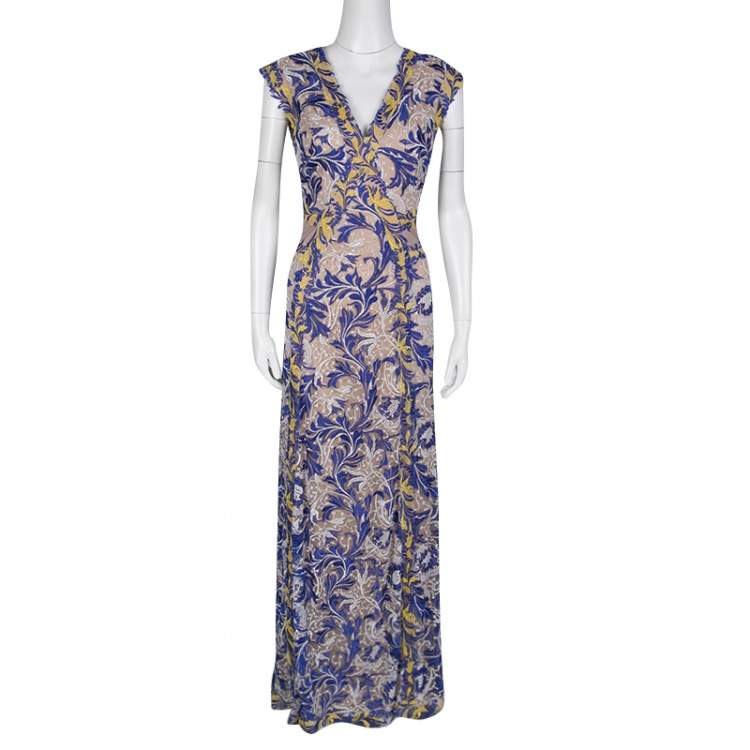 Pre Owned Tadashi Shoji Multicolor Floral Embroidered Tulle Amalie Gown M