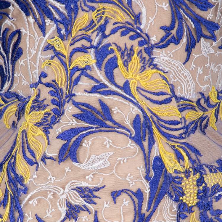 Pre Owned Tadashi Shoji Multicolor Floral Embroidered Tulle Amalie Gown M