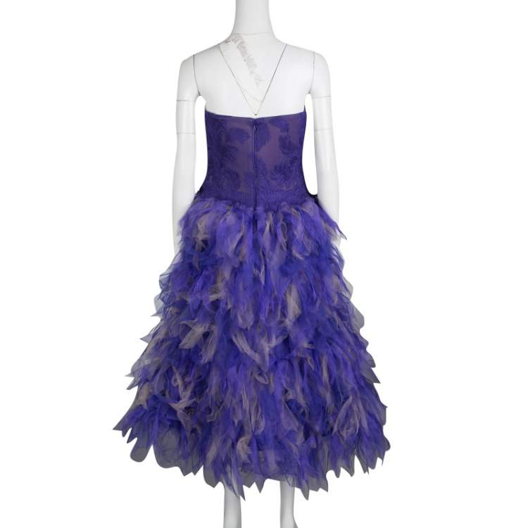 Pre Owned Tadashi Shoji Purple and Begie Tulle Embroidered Faux Feather Strapless Dress M