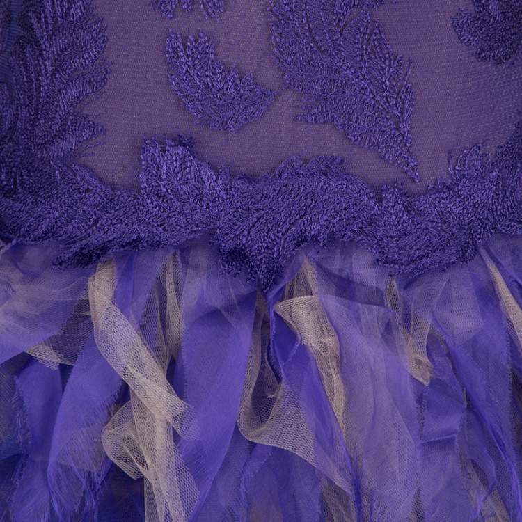 Pre Owned Tadashi Shoji Purple and Begie Tulle Embroidered Faux Feather Strapless Dress M