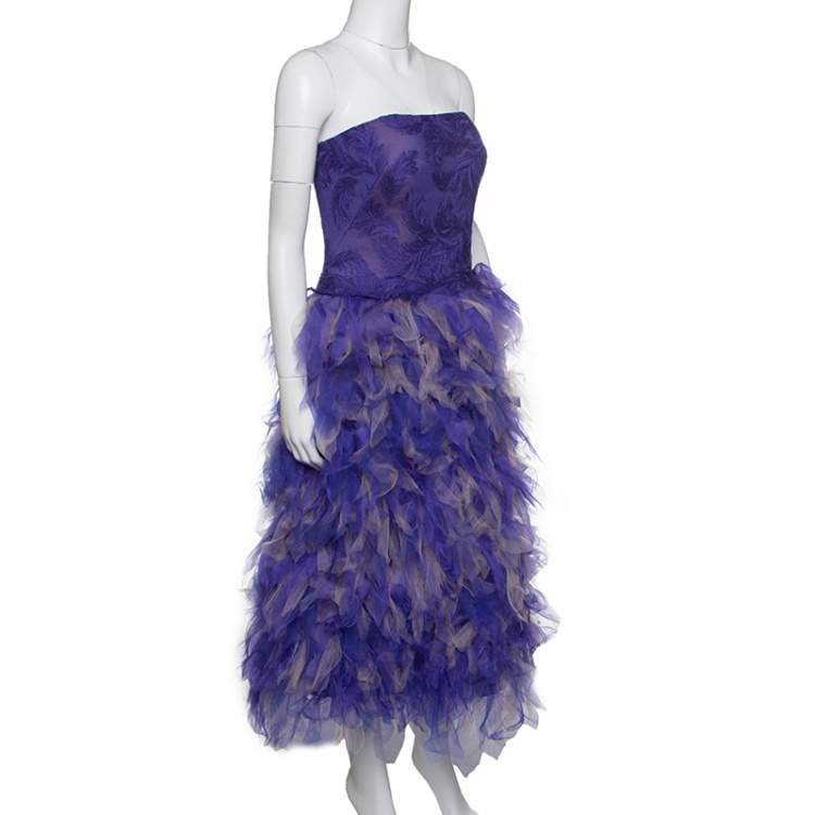Pre Owned Tadashi Shoji Purple and Begie Tulle Embroidered Faux Feather Strapless Dress L