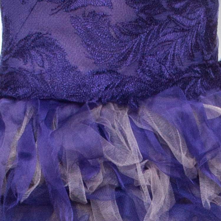 Pre Owned Tadashi Shoji Purple and Begie Tulle Embroidered Faux Feather Strapless Dress L