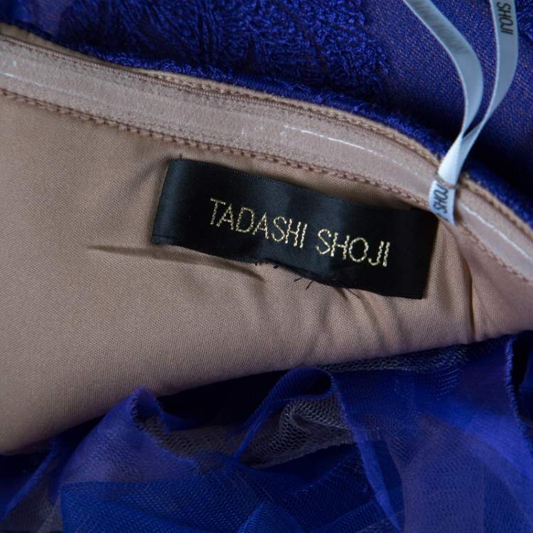 Pre Owned Tadashi Shoji Purple and Begie Tulle Embroidered Faux Feather Strapless Dress L