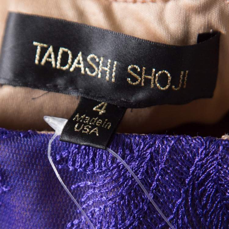 Pre Owned Tadashi Shoji Purple and Begie Tulle Embroidered Faux Feather Strapless Dress S