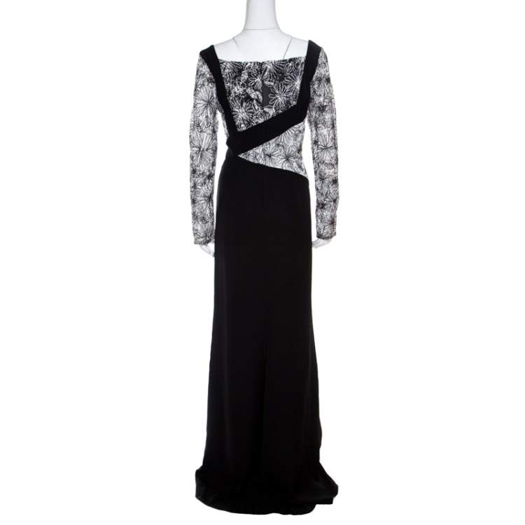 مملوكة مسبقًا Tadashi Shoji Monochrome Floral Embroidered Marissa Gown M