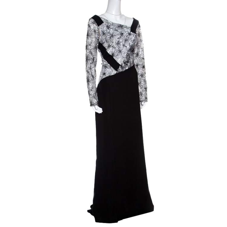 مملوكة مسبقًا Tadashi Shoji Monochrome Floral Embroidered Marissa Gown M