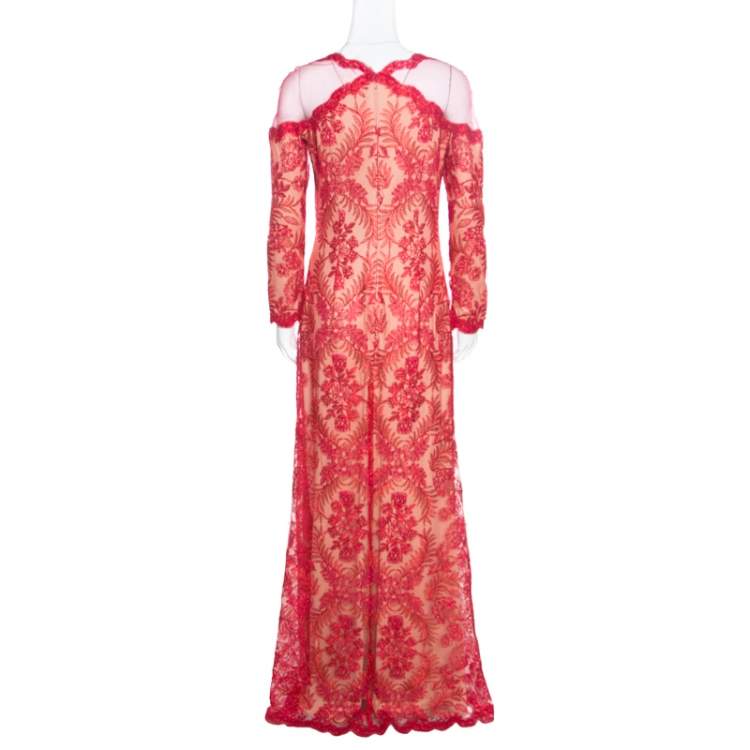 Pre Owned Tadashi Shoji Red Floral Lurex Embroidered Sheer Shoulder Detail Gown M