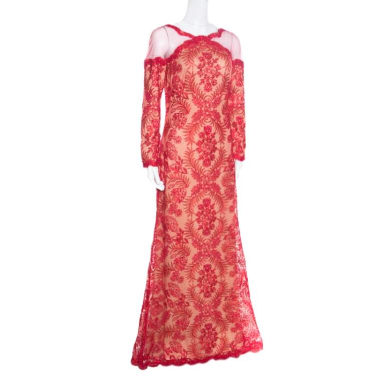 Pre Owned Tadashi Shoji Red Floral Lurex Embroidered Sheer Shoulder Detail Gown M