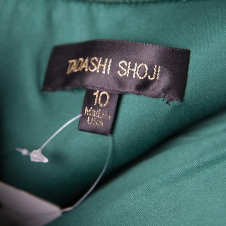 Pre Owned Tadashi Shoji Green Tulle Embroidered Faux Feather Strapless Gown L