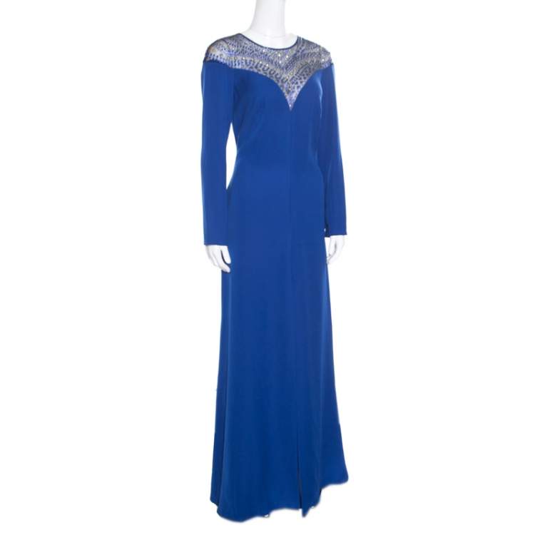 Pre Owned Tadashi Shoji Royal Blue Crepe Embellished Yoke Detail Evening Gown M