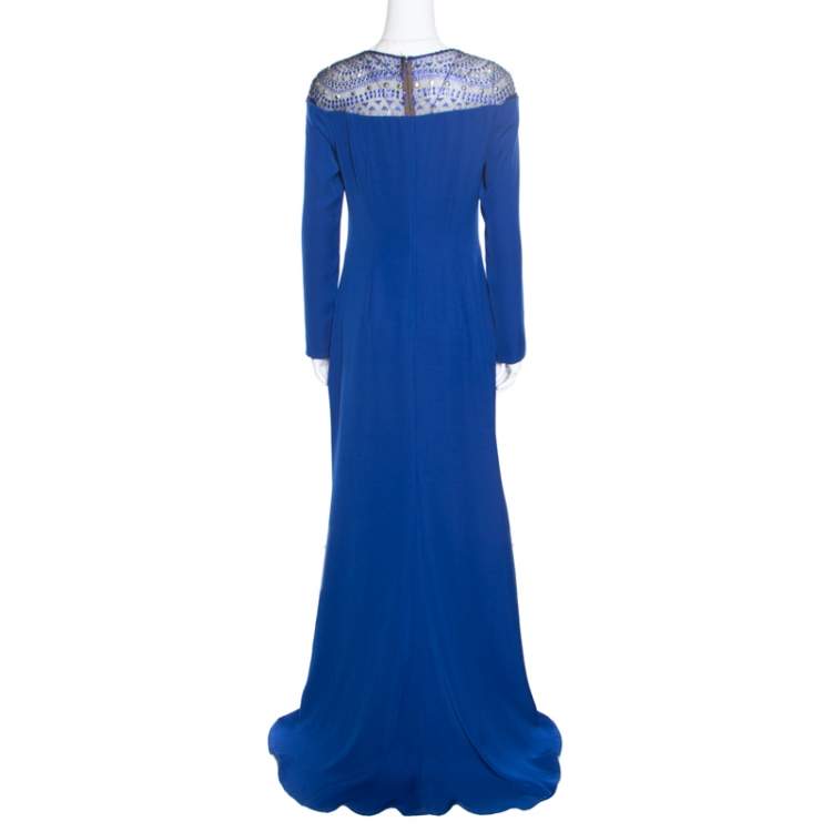 Pre Owned Tadashi Shoji Royal Blue Crepe Embellished Yoke Detail Evening Gown M