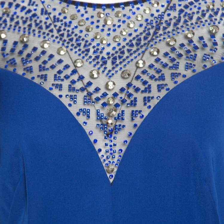 Pre Owned Tadashi Shoji Royal Blue Crepe Embellished Yoke Detail Evening Gown M