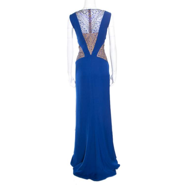 Pre Owned Tadashi Shoji Jewel Blue Crepe Embellished Yoke Detail Lolita Evening Gown M