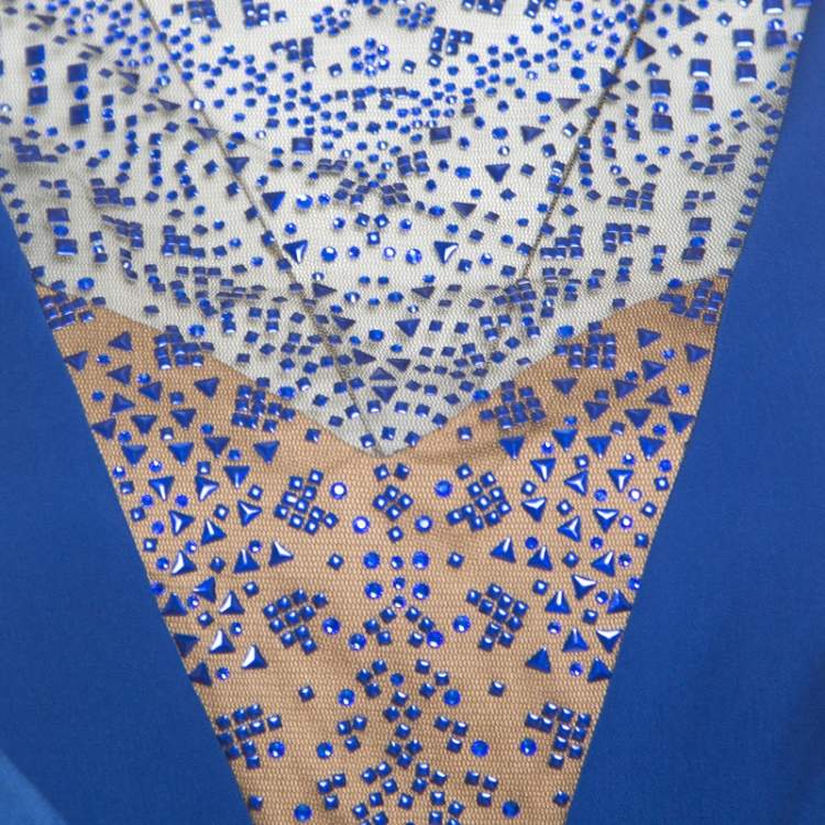 Pre Owned Tadashi Shoji Jewel Blue Crepe Embellished Yoke Detail Lolita Evening Gown M