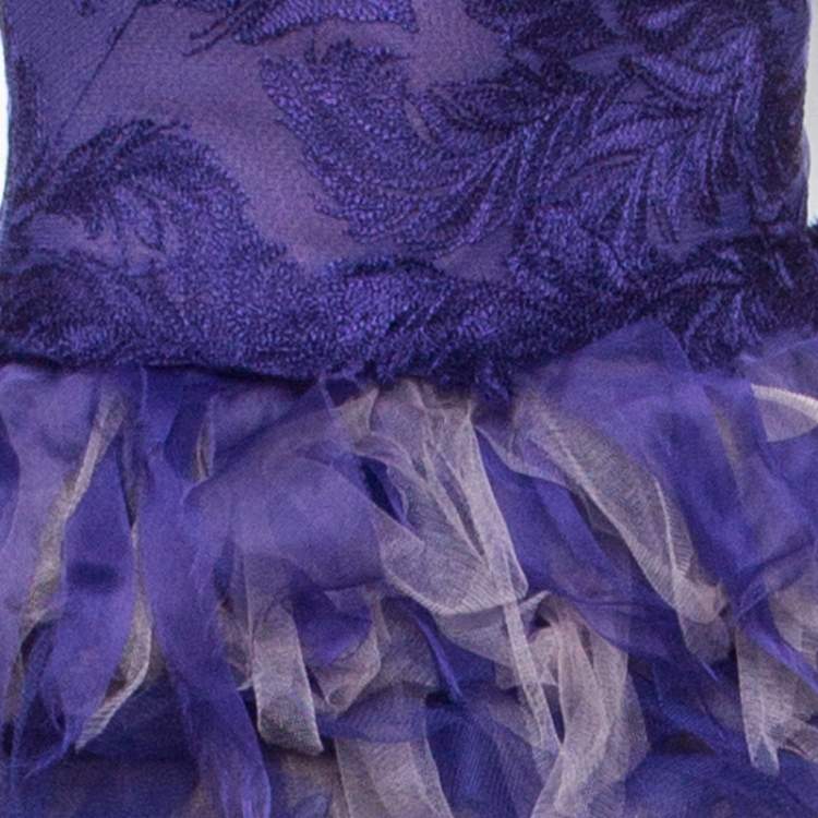 Pre Owned Tadashi Shoji Purple and Begie Tulle Embroidered Faux Feather Strapless Dress L