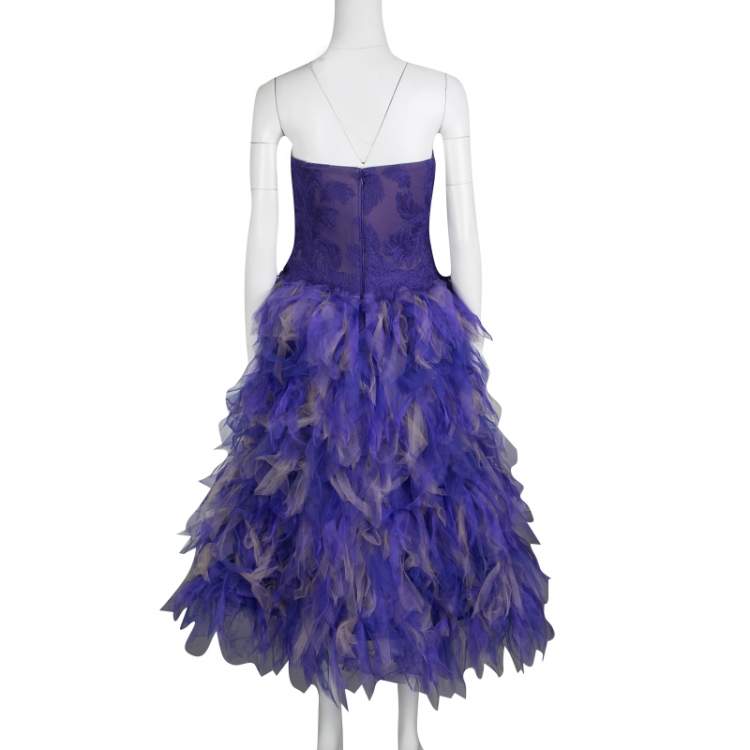 Pre Owned Tadashi Shoji Purple and Begie Tulle Embroidered Faux Feather Strapless Dress L