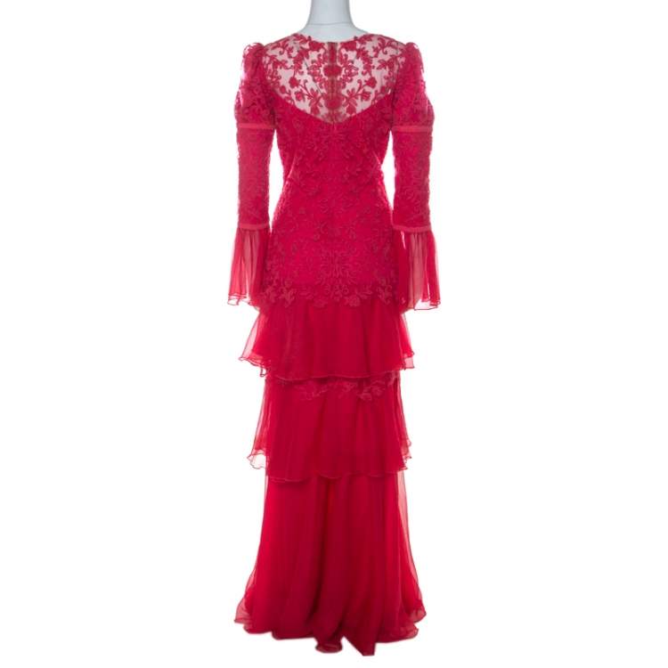 Pre Owned Tadashi Shoji Pink Chiffon & Lace Tiered Moreau Gown L