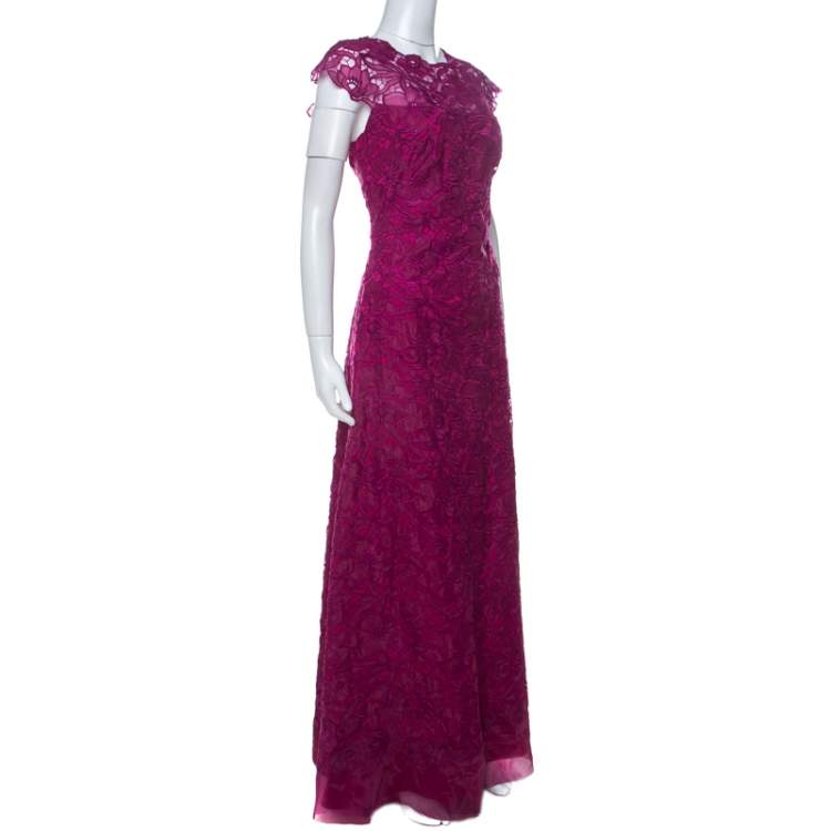 Pre Owned Tadashi Shoji Grape Purple Lace Cap Sleeve Milien Evening Dress M