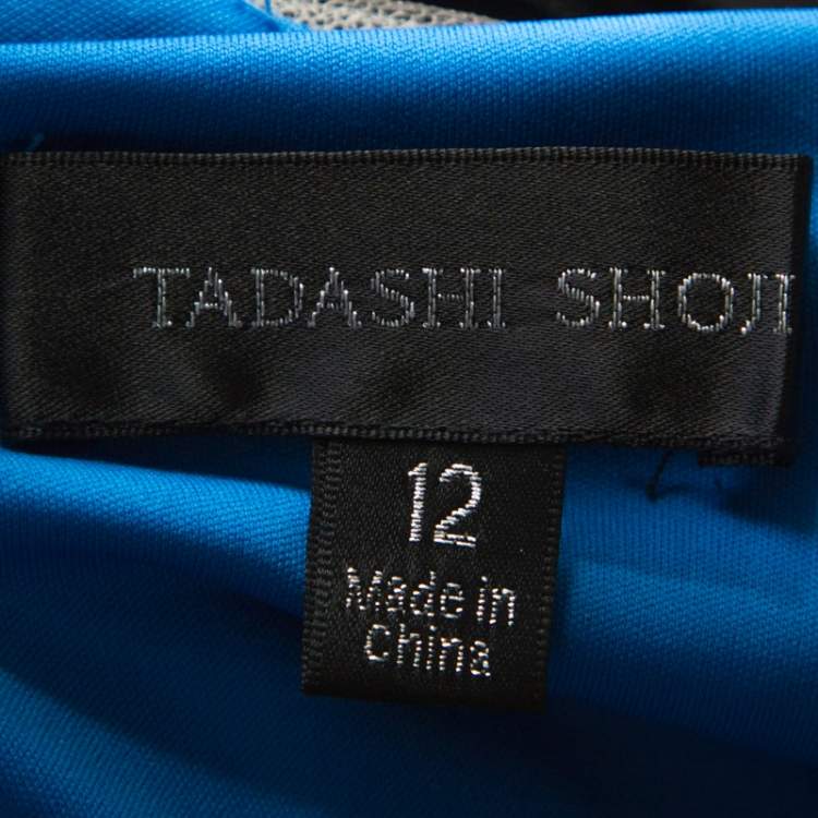 Pre Owned Tadashi Shoji Cerulean Blue Corded Embroidered Tulle Tiered Moreau Gown L