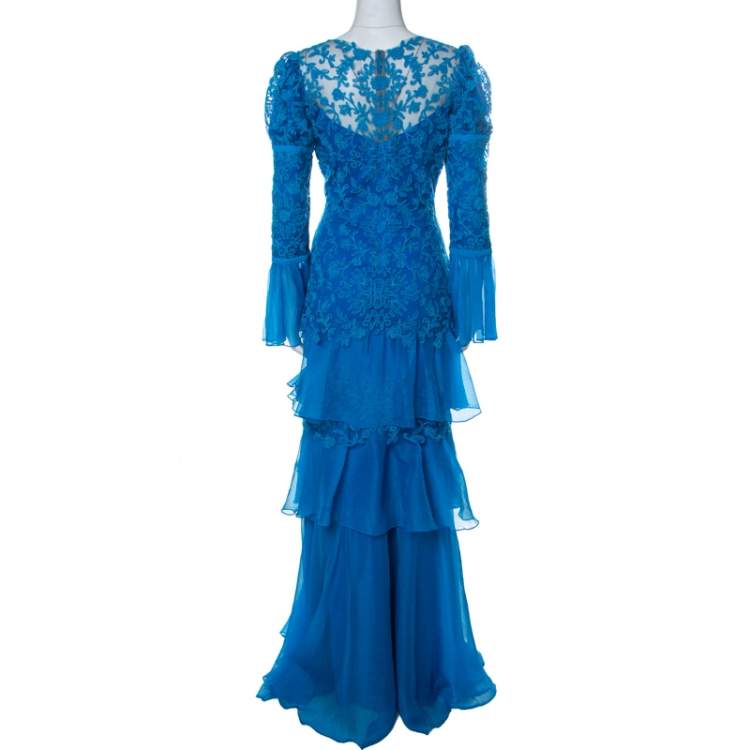 Pre Owned Tadashi Shoji Cerulean Blue Corded Embroidered Tulle Tiered Moreau Gown L