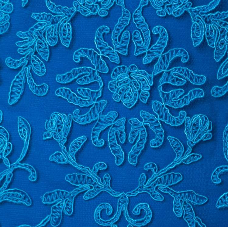 Pre Owned Tadashi Shoji Cerulean Blue Corded Embroidered Tulle Tiered Moreau Gown L