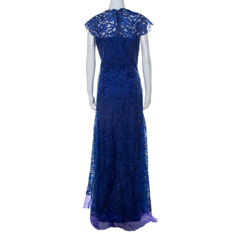 مملوكة مسبقًا Tadashi Shoji Royal Blue Lace Cap Sleeve Milien Evening Dress L