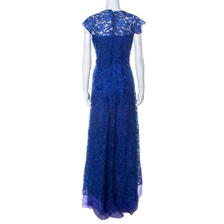 Pre Owned Tadashi Shoji Royal Blue Lace Cap Sleeve Milien Evening Gown M