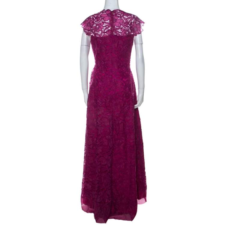 Pre Owned Tadashi Shoji Grape Purple Lace Cap Sleeve Milien Evening Dress M