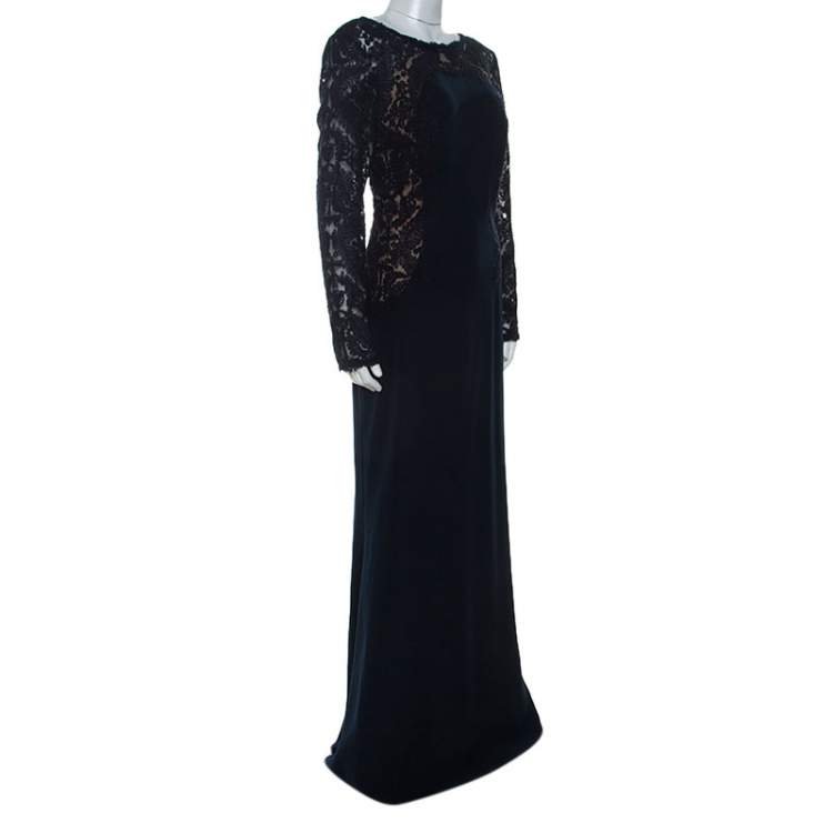 Pre Owned Tadashi Shoji Navy Blue Lace Detail Long Sleeve Kinglet Gown L