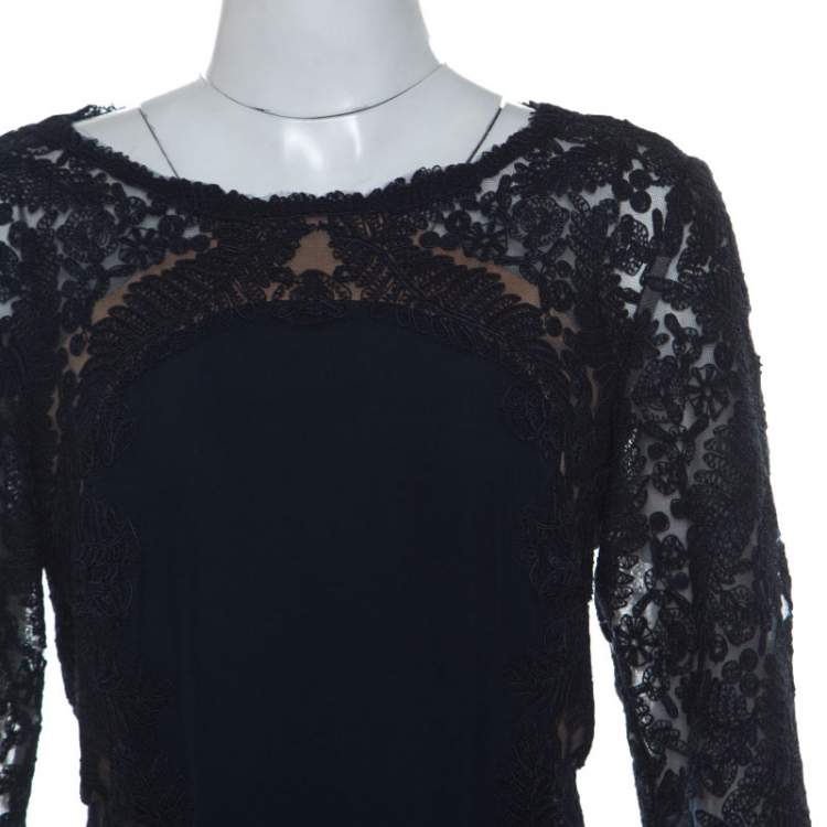 Pre Owned Tadashi Shoji Navy Blue Lace Detail Long Sleeve Kinglet Gown L