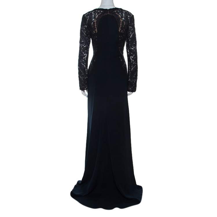 Pre Owned Tadashi Shoji Navy Blue Lace Detail Long Sleeve Kinglet Gown L
