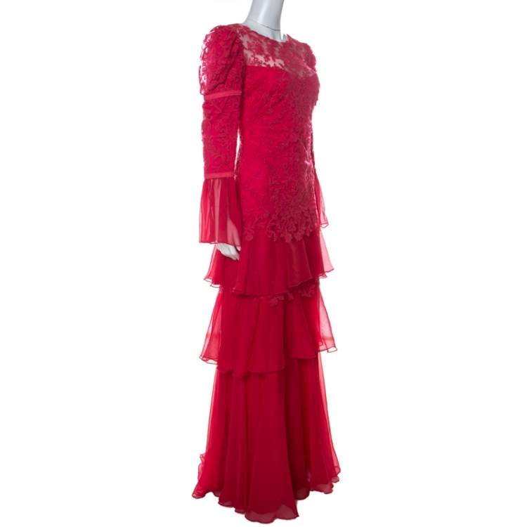 Pre Owned Tadashi Shoji Pink Chiffon & Lace Tiered Moreau Gown M