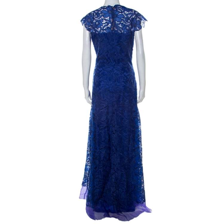 Pre Owned Tadashi Shoji Royal Blue Lace Cap Sleeve Milien Evening Dress L
