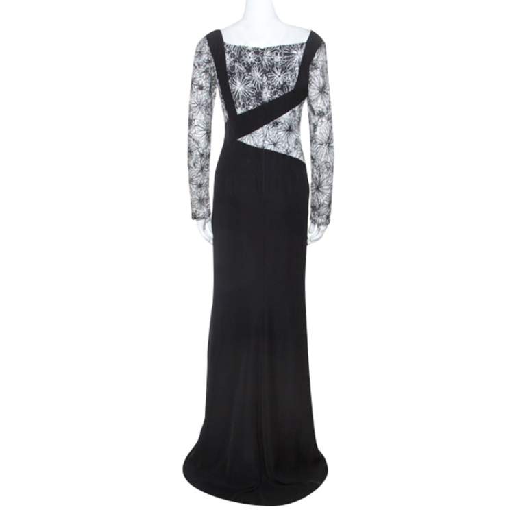 Pre Owned Tadashi Shoji Monochrome Lace Bodice Marissa Gown M