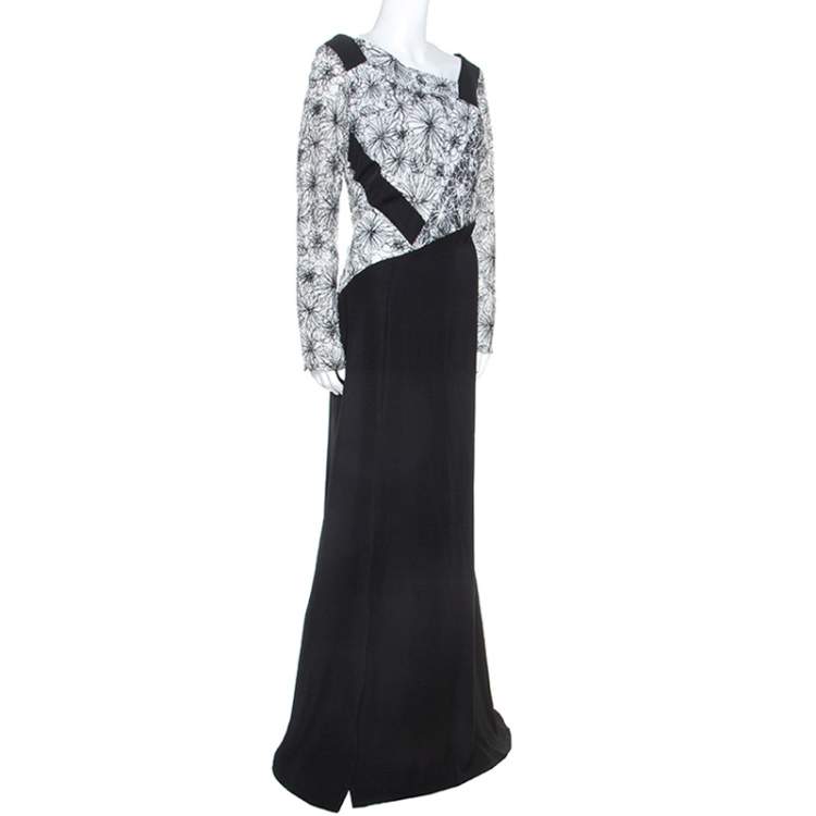 Pre Owned Tadashi Shoji Monochrome Floral Embroidered Marissa Gown L