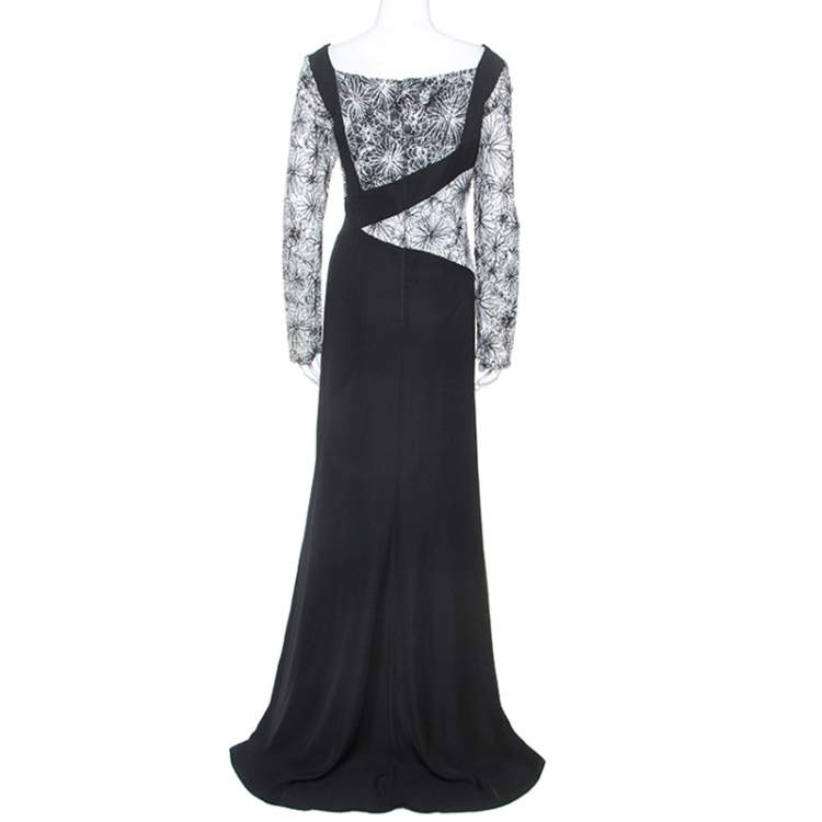 Pre Owned Tadashi Shoji Monochrome Floral Embroidered Marissa Gown L