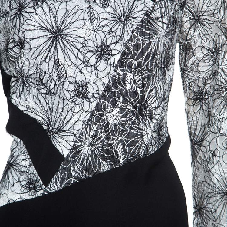 Pre Owned Tadashi Shoji Monochrome Floral Embroidered Marissa Gown L